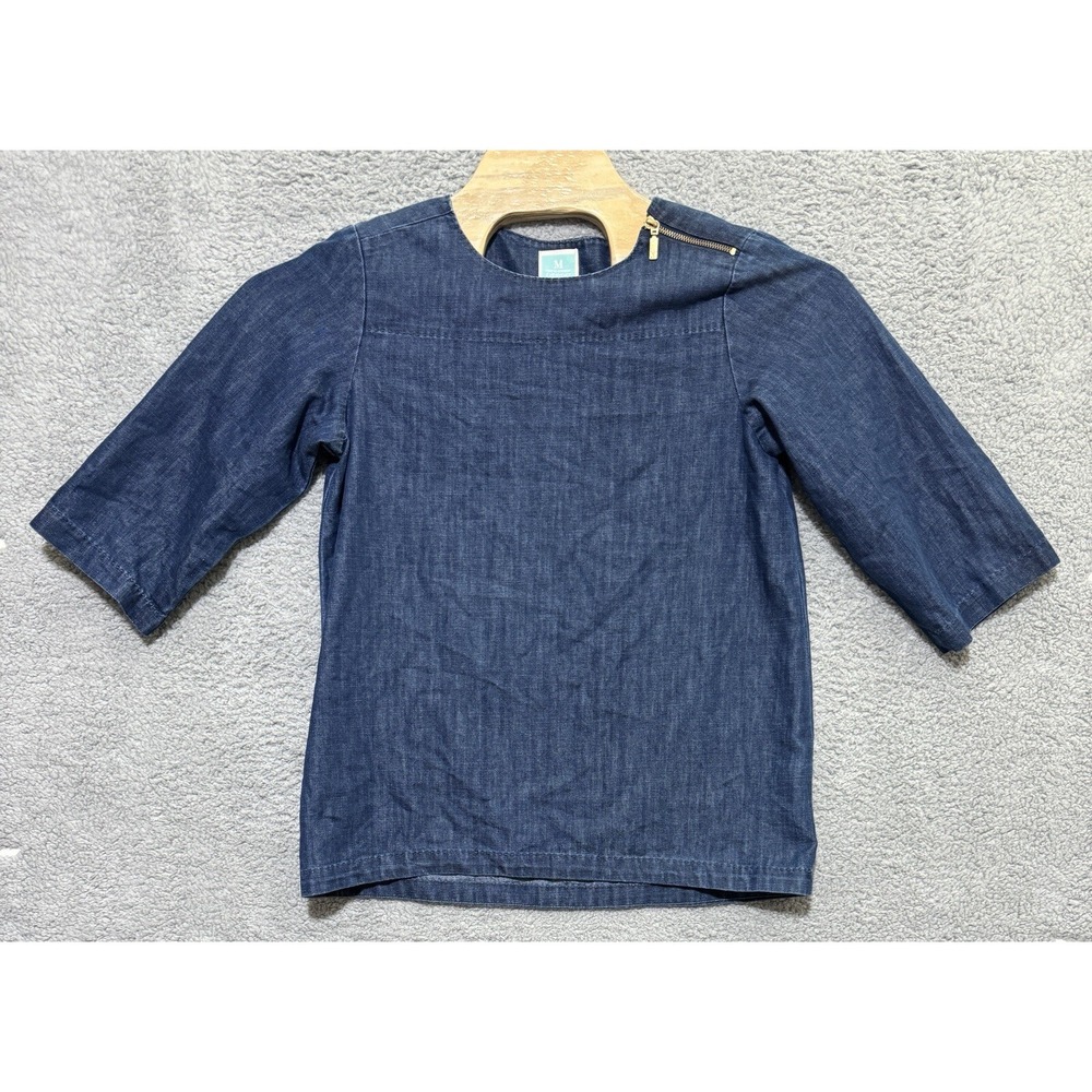 Martha Stewart Everyday Chambray Shoulder Zipper 3/4 Sleeve Pullover Womens S